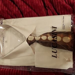 Lucasini cream button down dress shirt brown tie